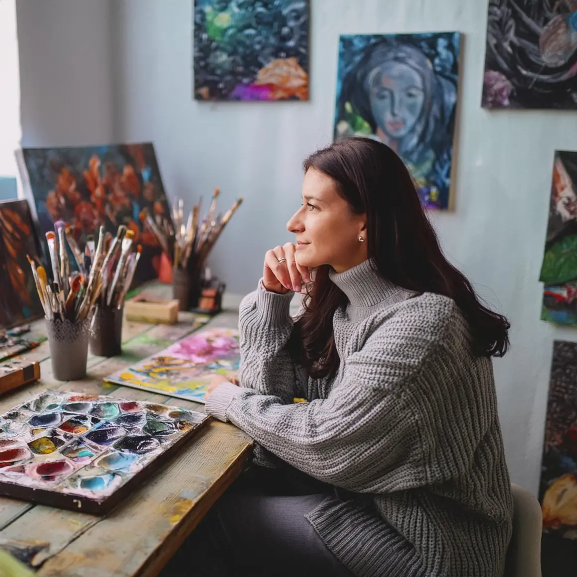 An artist in her studio sitting at desk looking pensive with tons of paintings and ethereal atmosphere prompt output 3