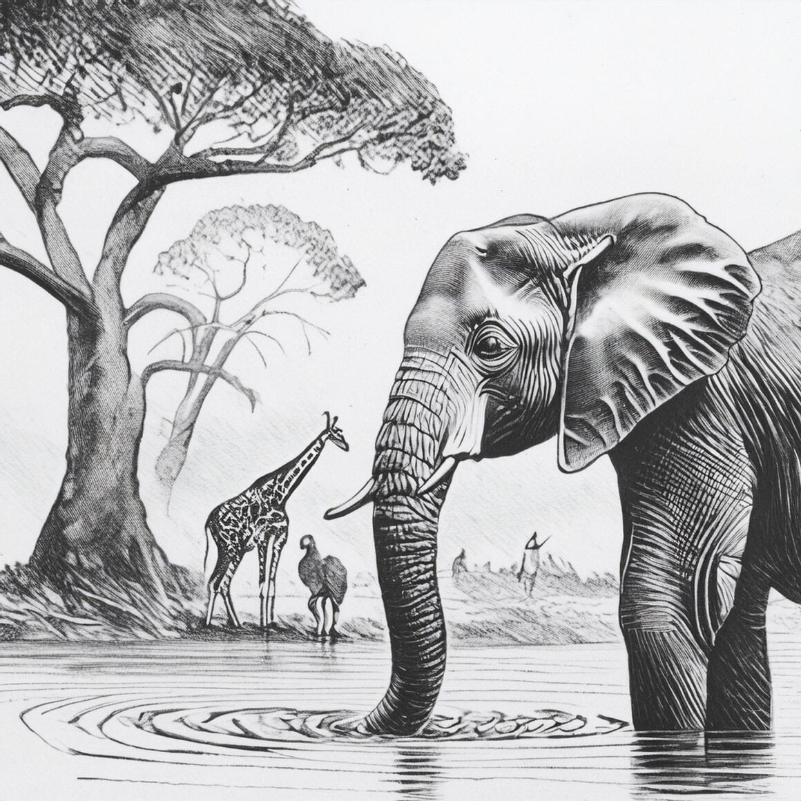 Style Reference image output to mirror black and white drawing amazonian forest elephant drinking water with giraffes