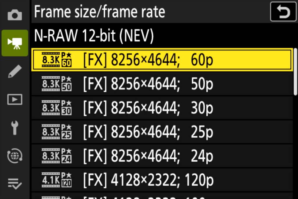 Z9 Firmware N Raw menu