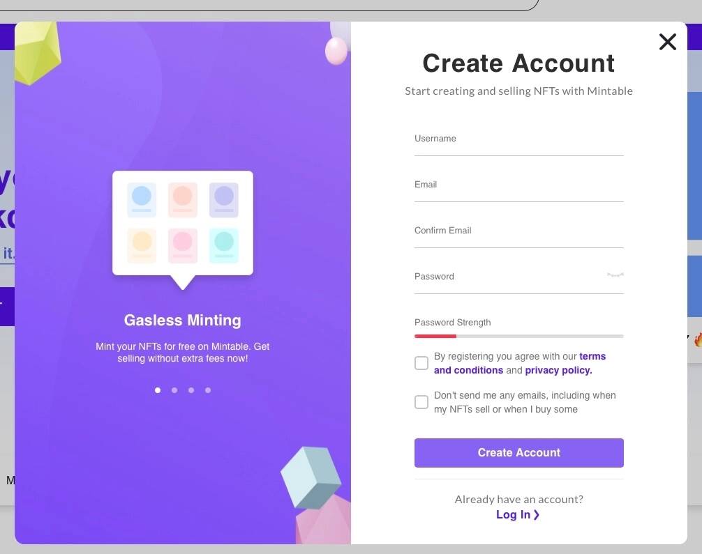 account creation on mintable nft marketplace