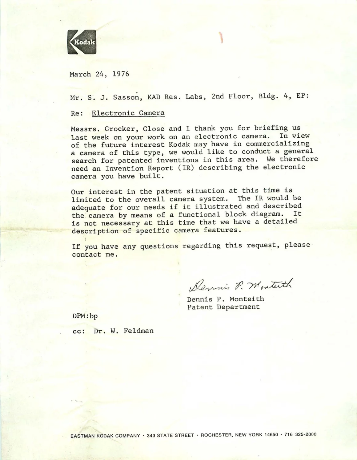 letter to sasson from kodak patent department