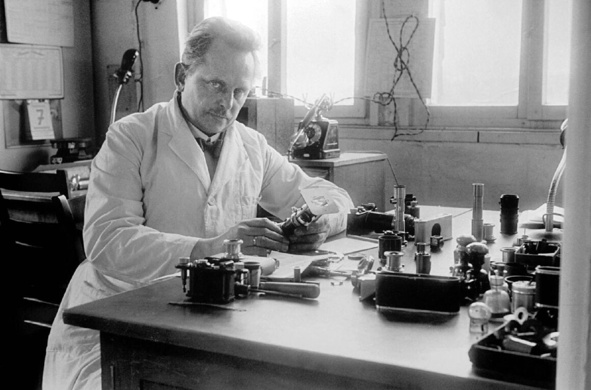 oskar barnack in his camera lab at leica