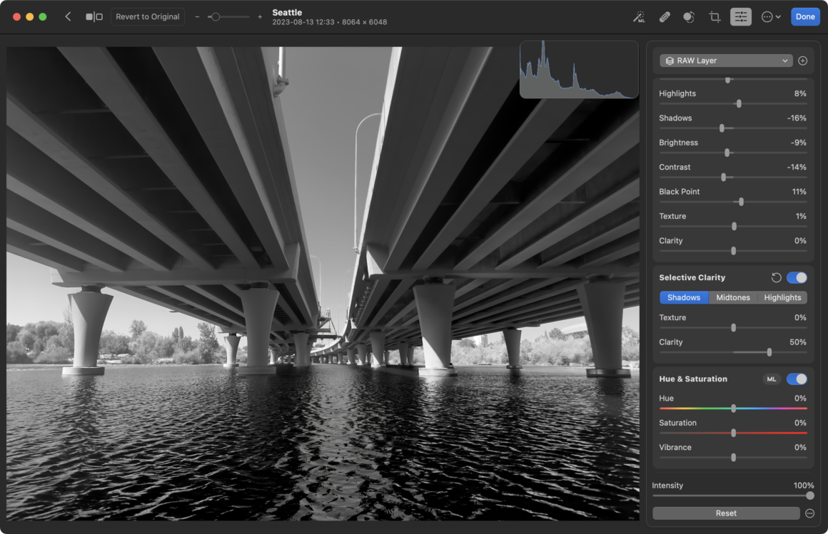 Photomator 3.1 incelemesi: Mac, iPhone ve iPad için makine öğrenimiyle zenginleştirilmiş bir fotoğraf düzenleyici 12 selective clarity interface