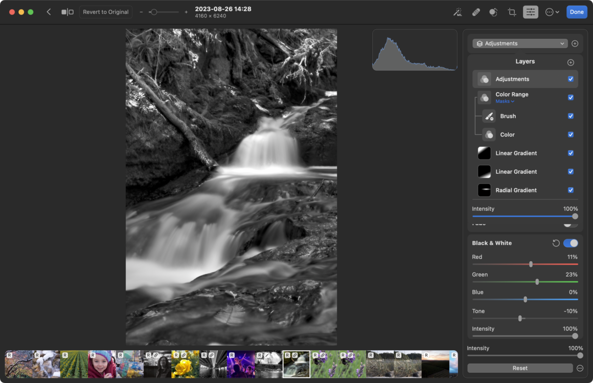 Photomator 3.1 incelemesi: Mac, iPhone ve iPad için makine öğrenimiyle zenginleştirilmiş bir fotoğraf düzenleyici 6 waterfall adj layer bw