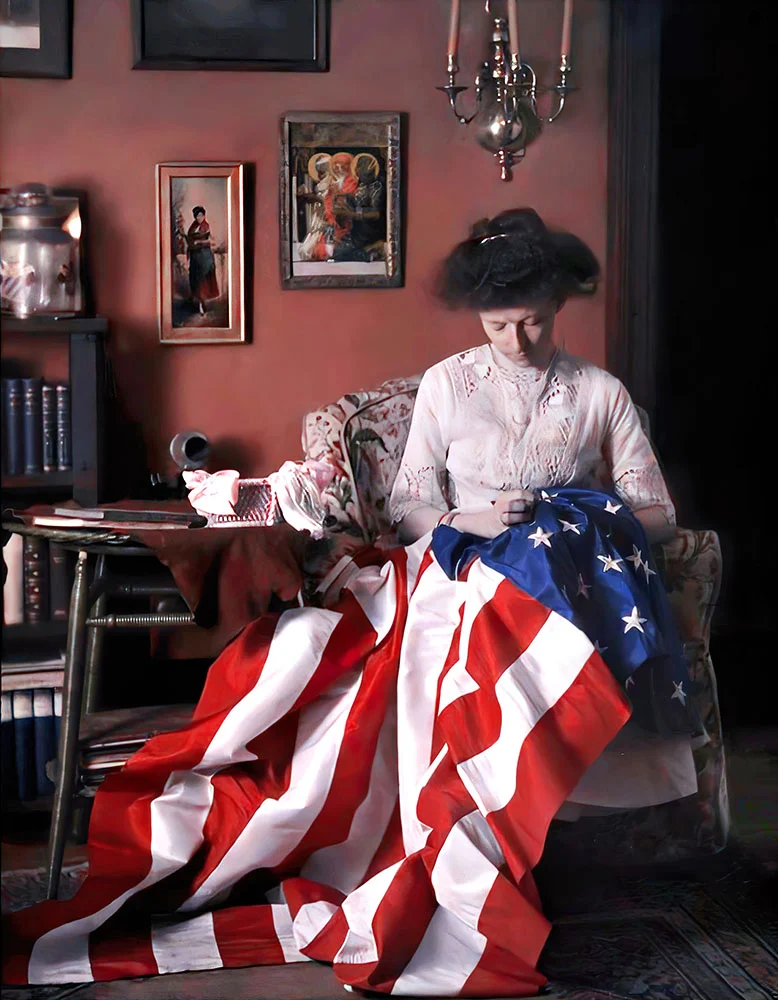 Eski Fotoğraflar En Son Renklendirme Teknikleriyle Hayat Buldu 6 p.8 Portrait of his wife stitching an American flag by Mr. Benjamin F. Russell