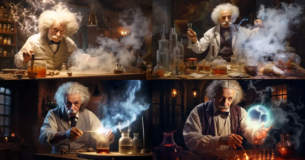 Midjourney v6 Metin Ekliyor ve Daha Gerçekçi Sonuçlar Sunuyor 4 albert einstein doing a science experiment v5