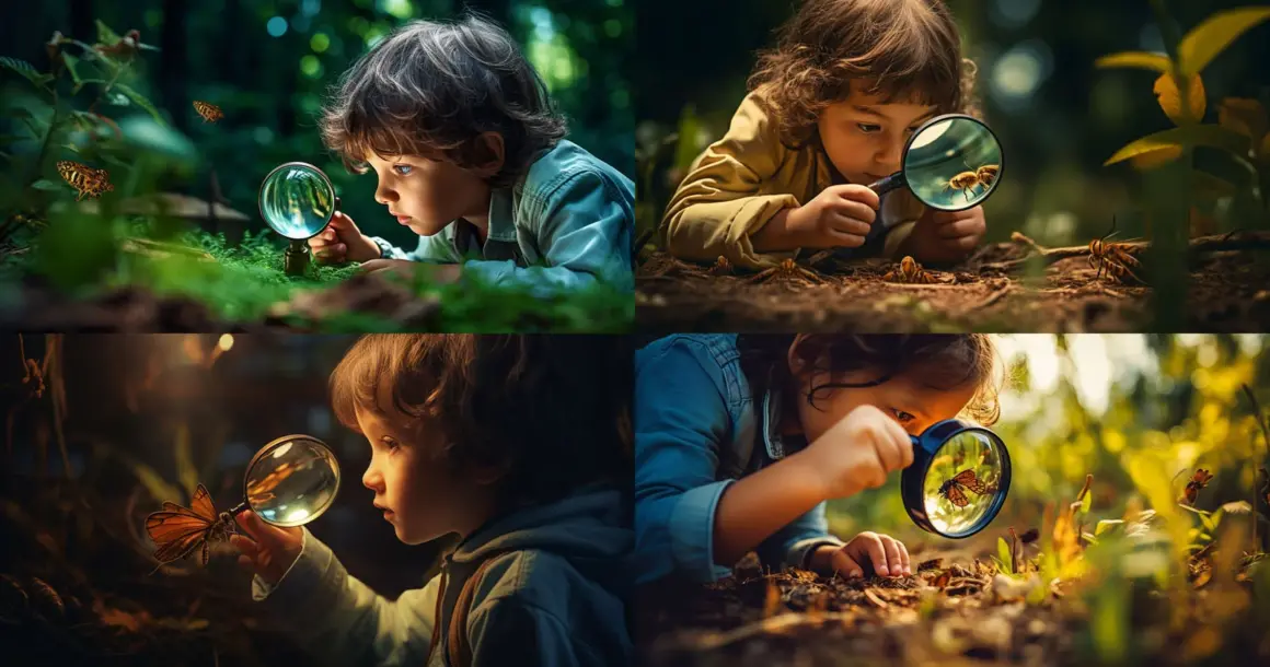 child looking at an insect through a magnifying glass v5