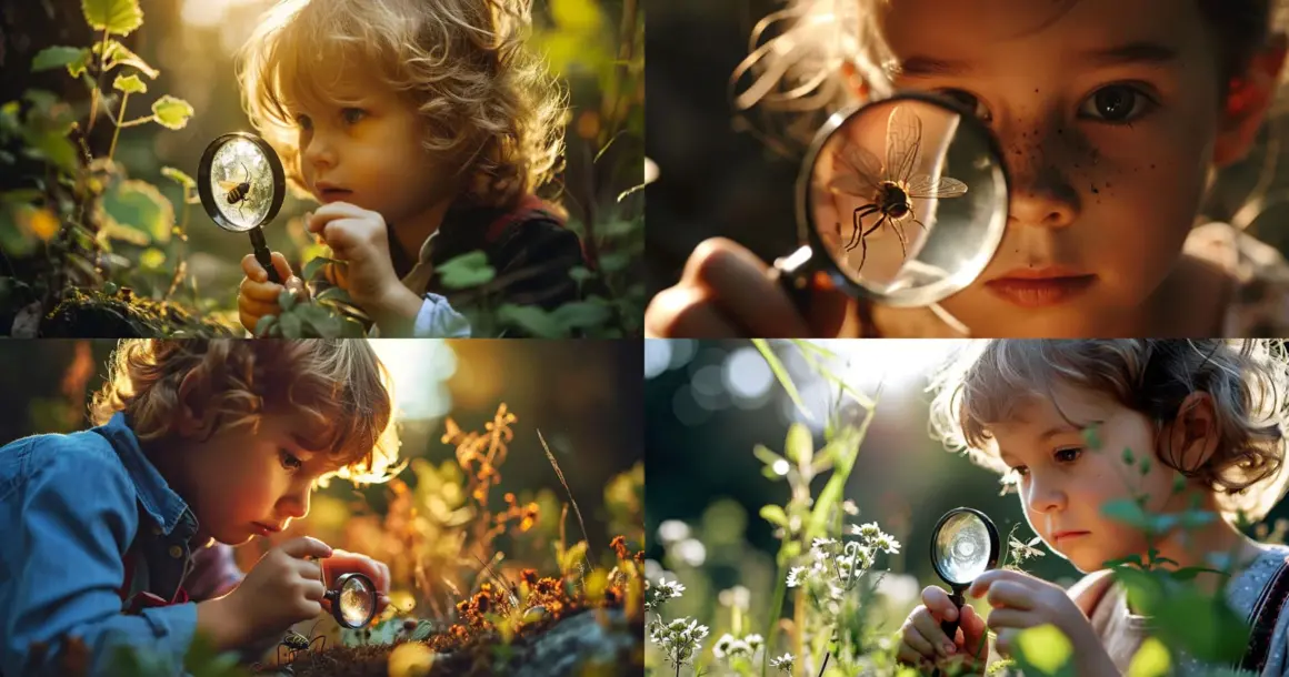 child looking at an insect through a magnifying glass v6
