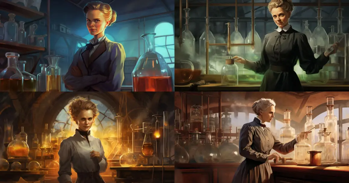 portrait of marie curie in her lab v5