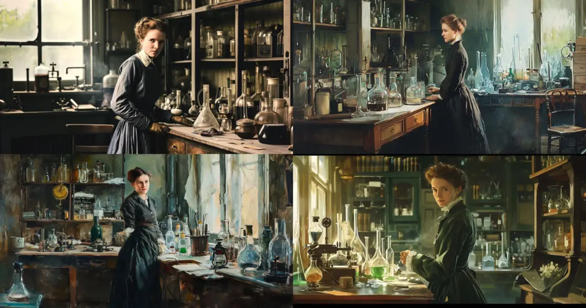 Midjourney v6 Metin Ekliyor ve Daha Gerçekçi Sonuçlar Sunuyor 7 portrait of marie curie in her lab v6