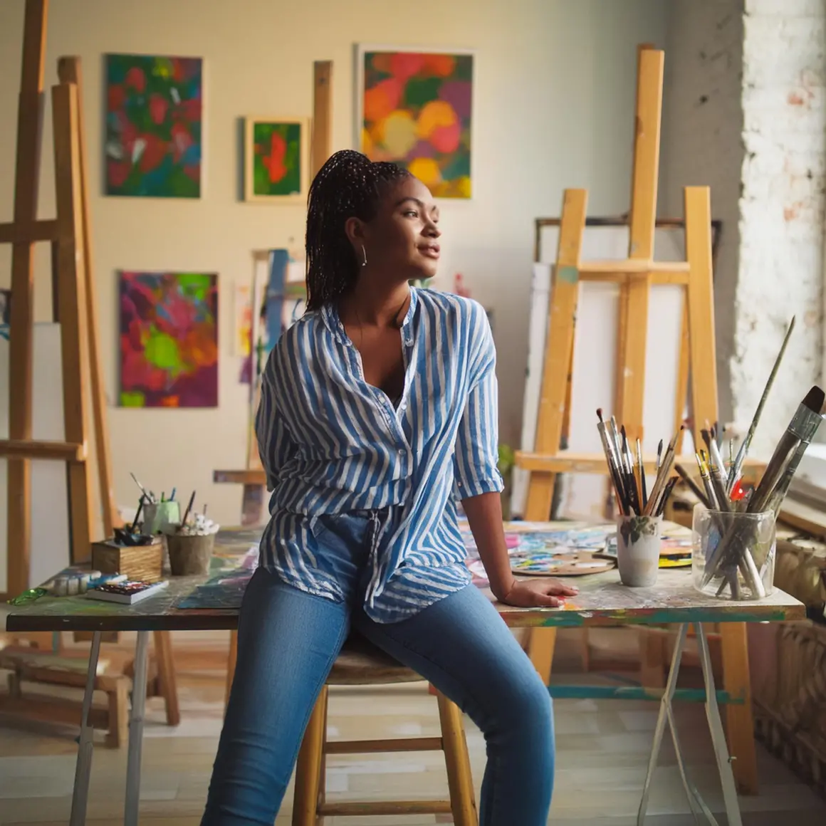 An artist in her studio sitting at desk looking pensive with tons of paintings and ethereal atmosphere prompt output 1