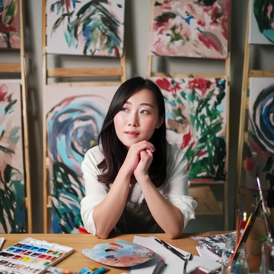 An artist in her studio sitting at desk looking pensive with tons of paintings and ethereal atmosphere prompt output 2