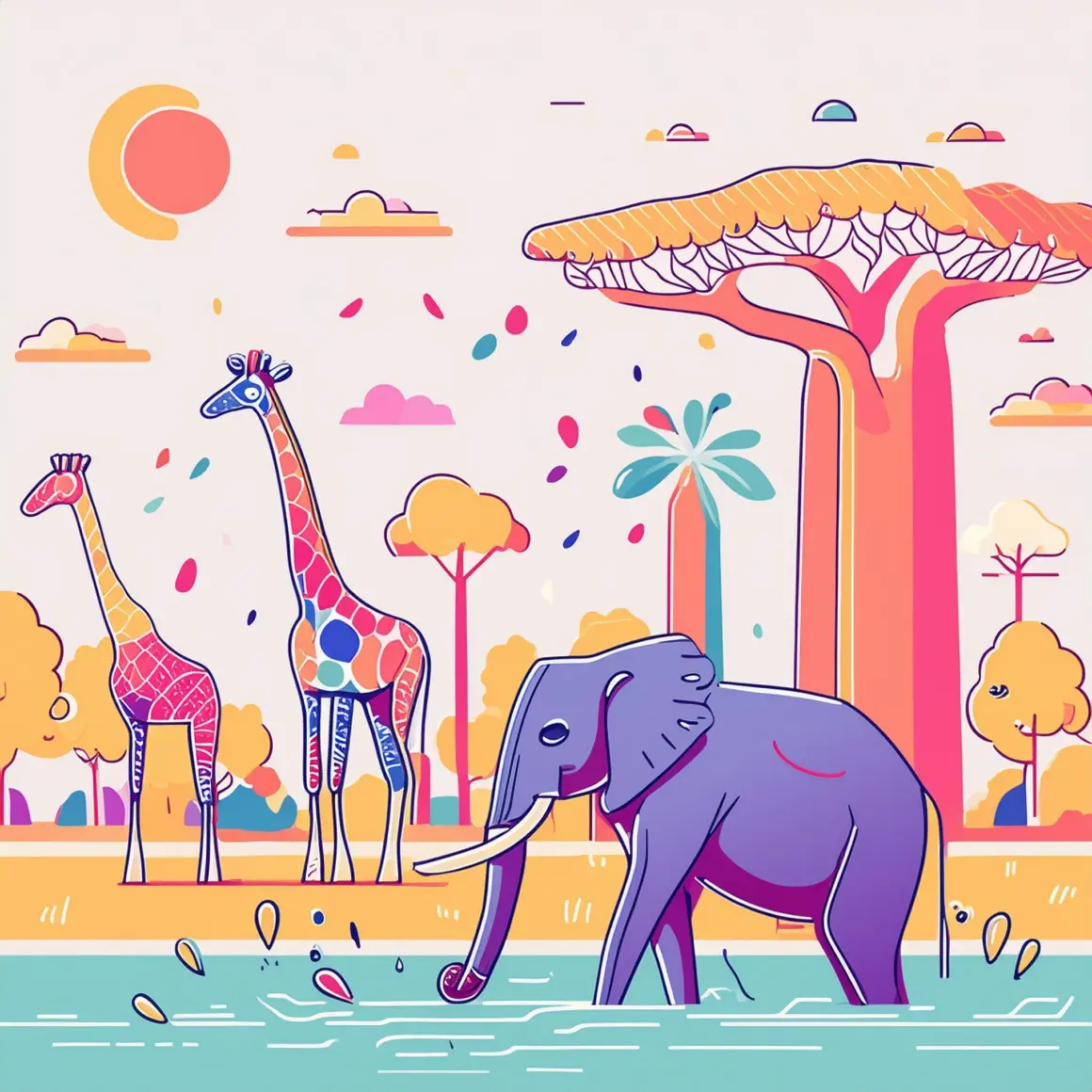 Style Reference image output 2 to mirror colored vector image amazonian forest elephant drinking water with giraffes