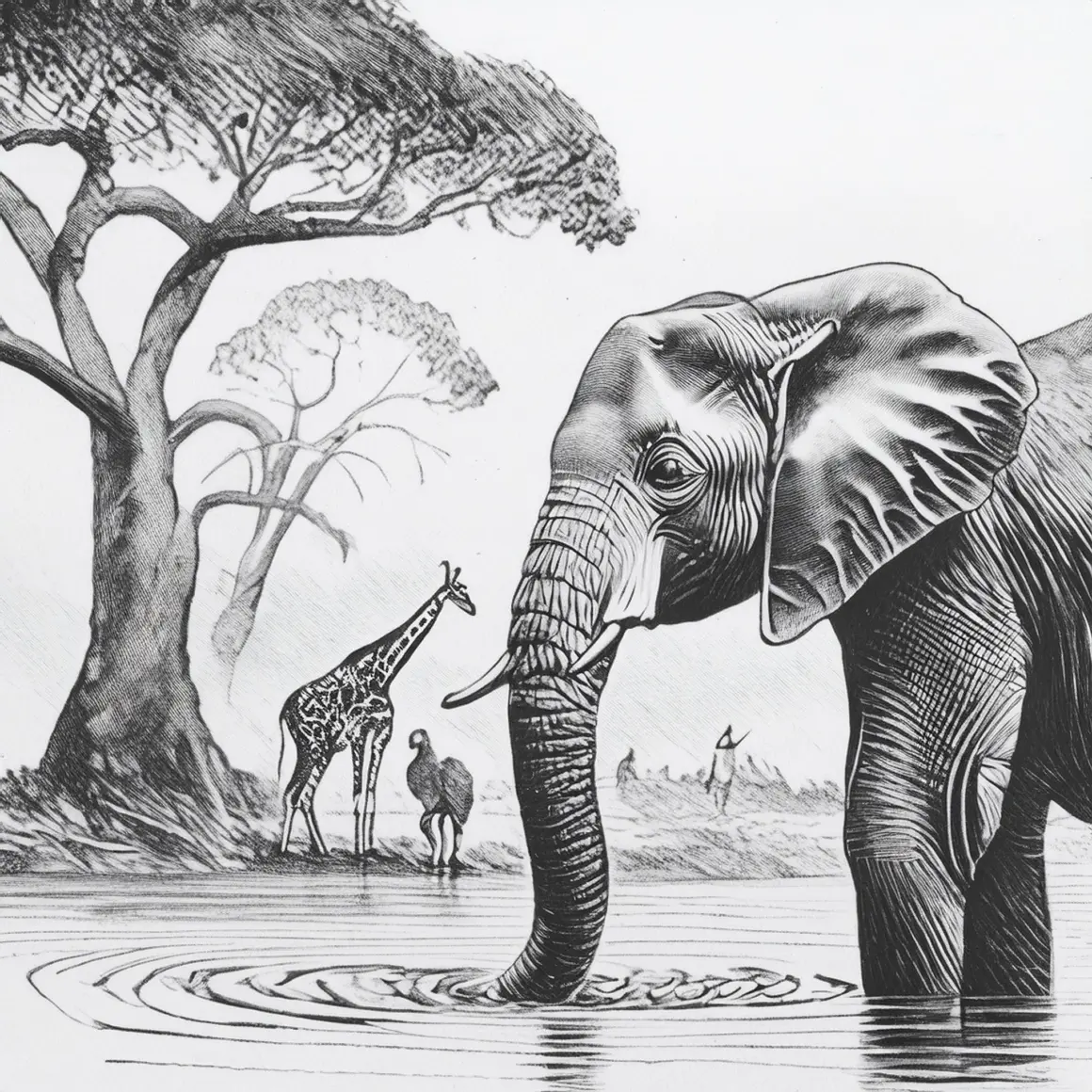 Style Reference image output to mirror black and white drawing amazonian forest elephant drinking water with giraffes 1160x1160 jpg