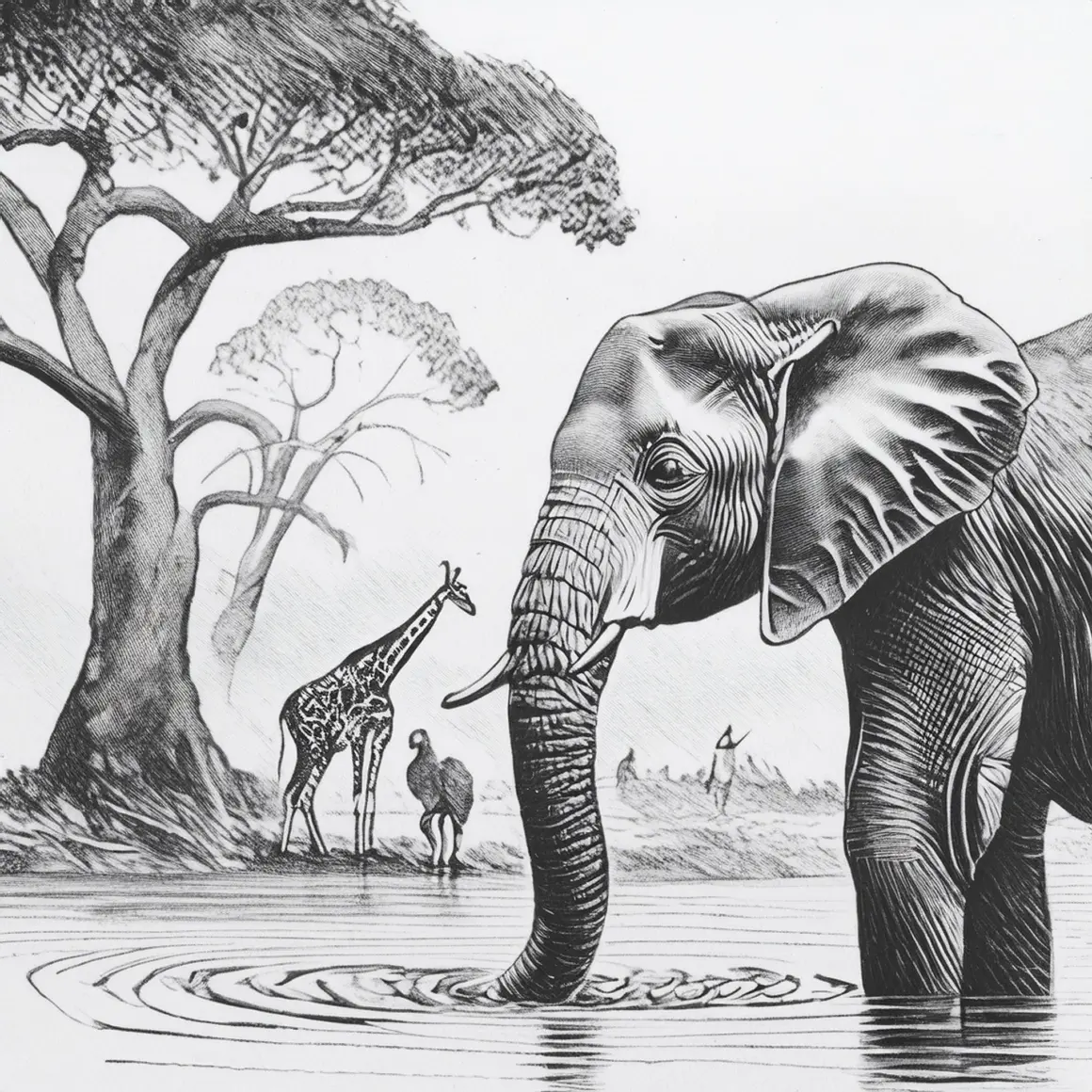 Adobe Firefly Generative AI 3 14 Style Reference image output to mirror black and white drawing amazonian forest elephant drinking water with giraffes