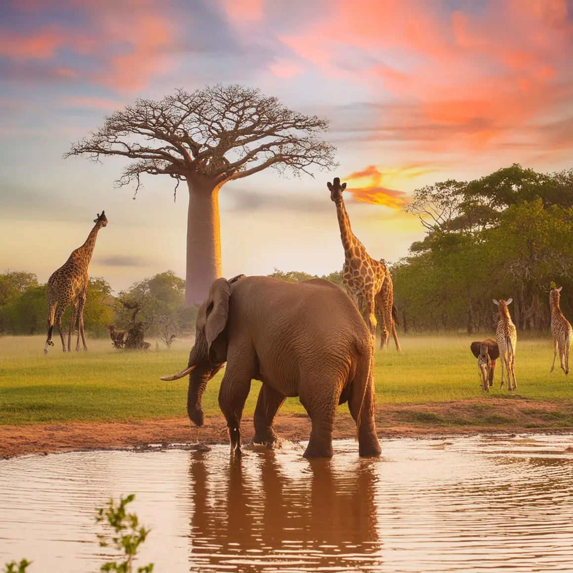 Style Reference original image amazonian forest elephant drinking water with giraffes 1160x1160 jpg