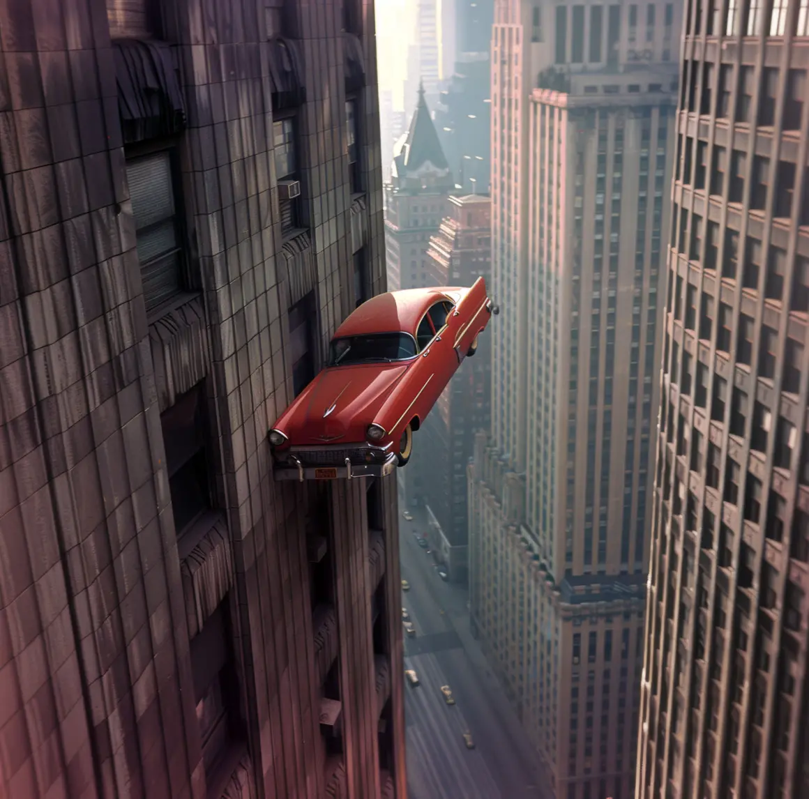Phillip Toldeano : Başka Bir Amerika 6 edward1910 1950s red car sticking out of the side of a skyscrap a553b470 20c6 4a38 9d98 7ae33da77dd9 topaz enhance 3.4x