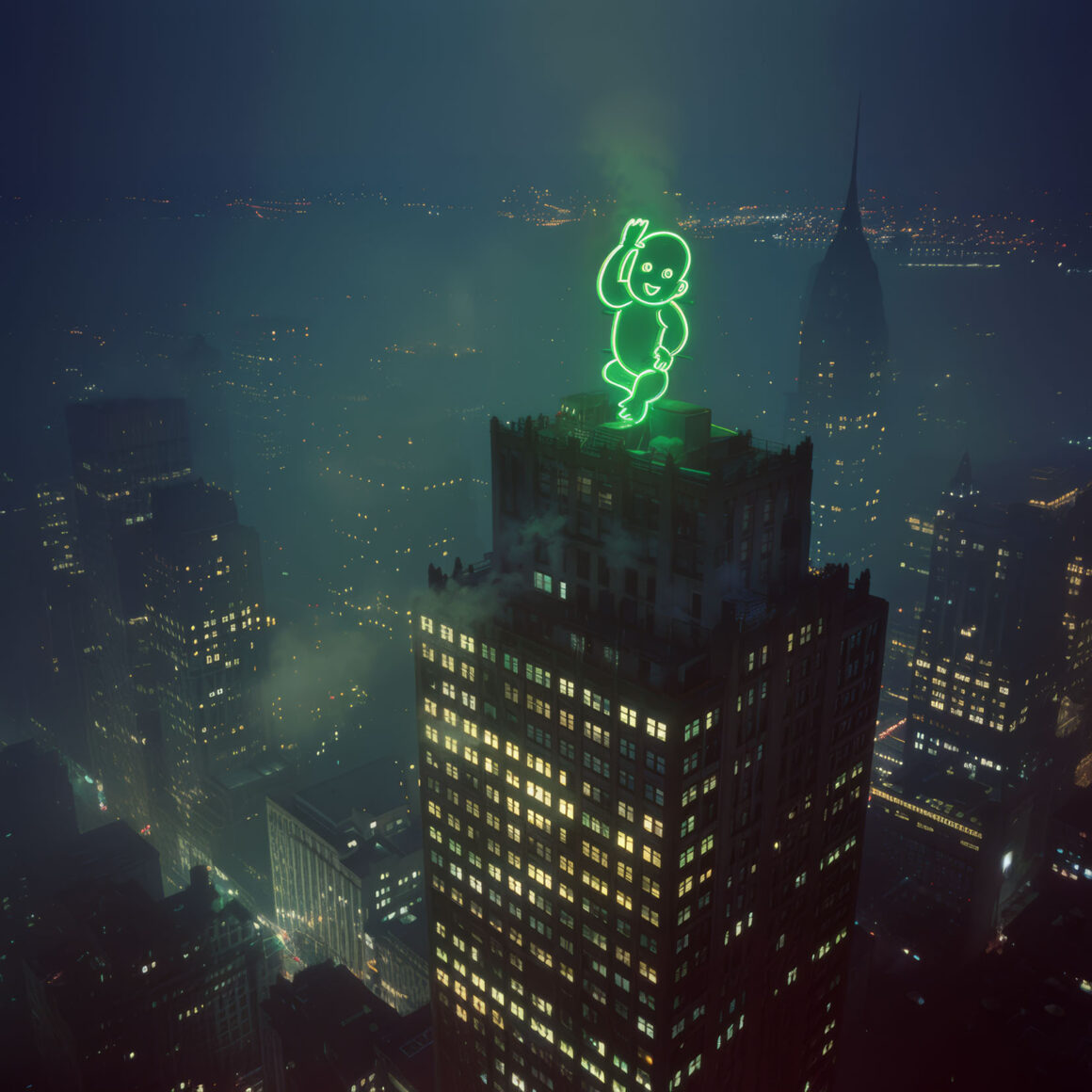 edward1910 green neon dancing baby sign on top of a skyscraper 24be5dc0 9287 4d17 bb3a 5c4bb2e07af3 topaz enhance 4x