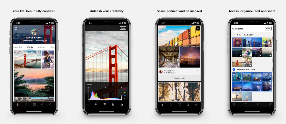 Fotoğrafçılar için en iyi Instagram alternatifleri nelerdir? 5 four iphones with flickr features and text on white background