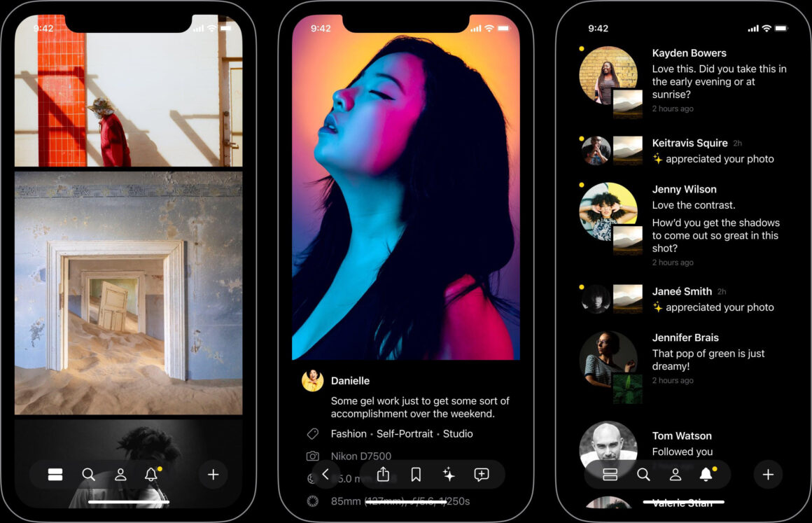 Fotoğrafçılar için en iyi Instagram alternatifleri nelerdir? 4 three iphone screenshots with glass photo app features 1