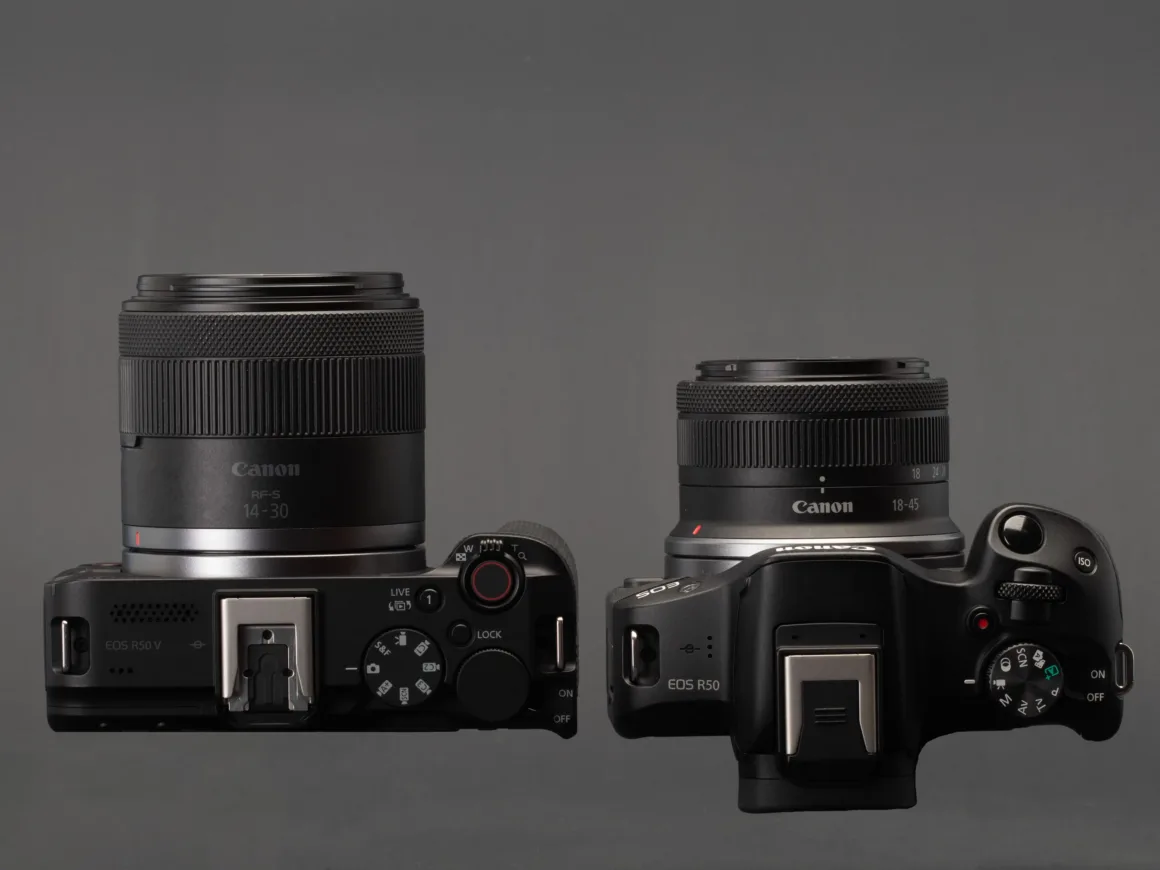Canon EOS R50 V vs EOS R50 2 EOS R50V floating next to EOS R50