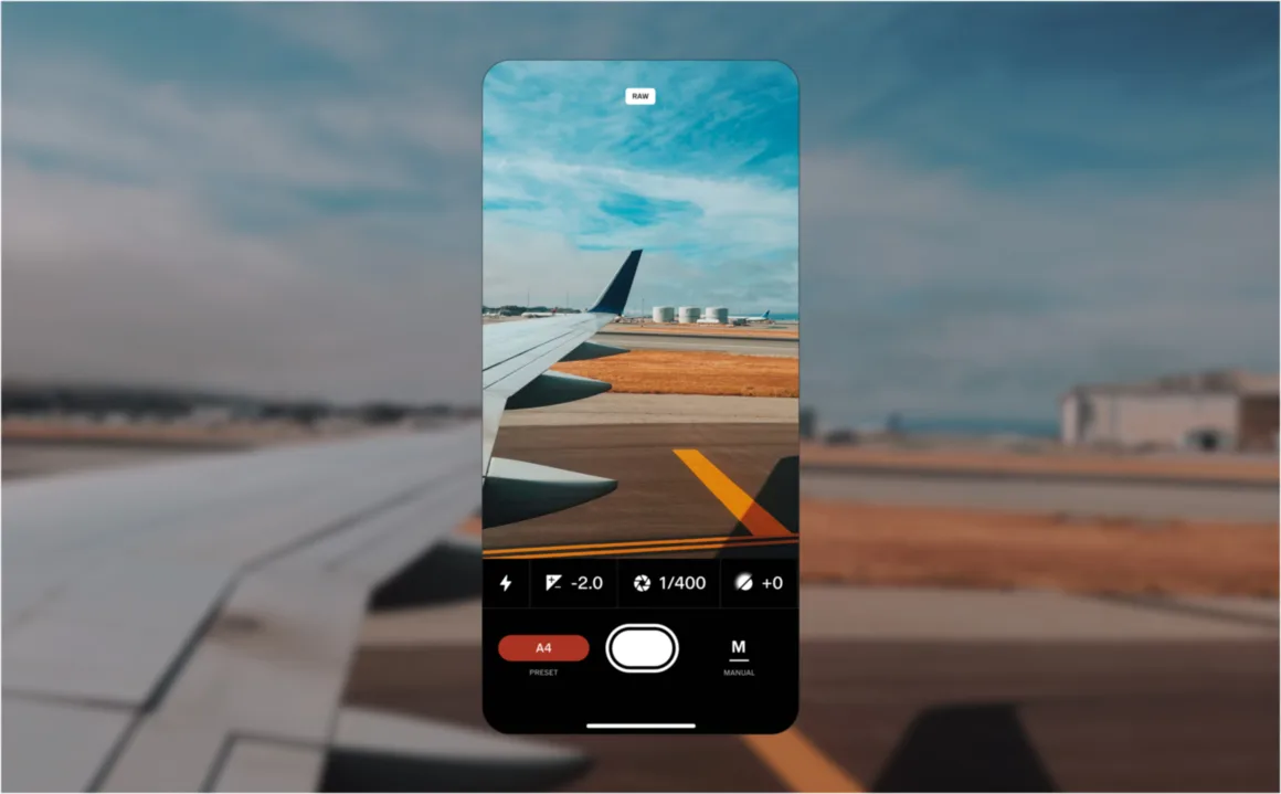 a screenshot of phone with the vsco creator app is placed against a photo of an airplane on a runway 1160x719 jpeg