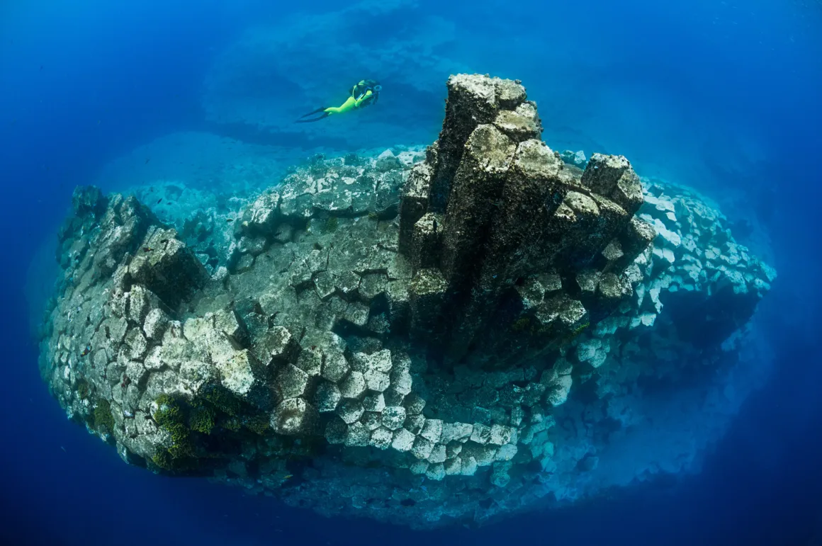 Birleşmiş Milletler Dünya Okyanuslar Günü Fotoğraf Yarışması 2025 1 columns of basalt stick out of blue water with diver above
