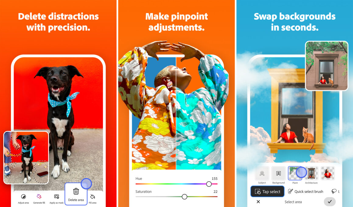 three photoshop mobile graphics with vibrant backgrounds
