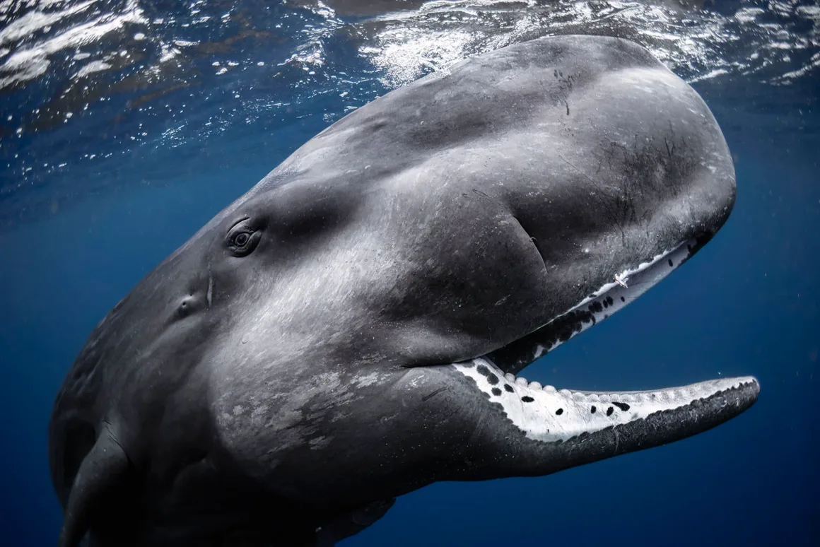 Close-up underwater view of a sperm whale near the ocean surface, showing its large head, eye, and partially open mouth with visible teeth against a deep blue background.