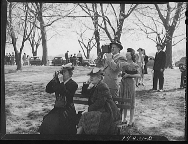 Tidal Basin boyunca kiraz çiçeklerini fotoğraflayan fotoğraf meraklıları. Kiraz Çiçeği Festivali, Washington, D.C. Fotoğraf: Martha McMillan Roberts.