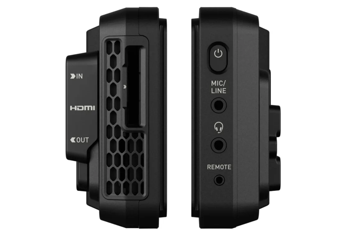 Atomos Ninja RAW Tanıtıldı: 5 İnç HDR Monitör-Kayıt 4 Two black electronic devices with side views displayed; the left has HDMI IN/OUT ports and a vent, while the right shows power button, mic/line and headphone jacks, and a remote port.