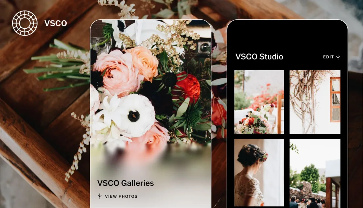 A digital mockup shows the VSCO app interface.
