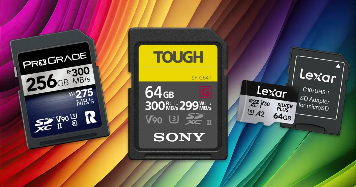 Fotoğrafçıların İhtiyaç Duyduğu Aksesuarlar 3 Three SD cards and one microSD card with adapter are shown on a vibrant rainbow-colored background. The cards display different brands, storage capacities, and speed ratings.