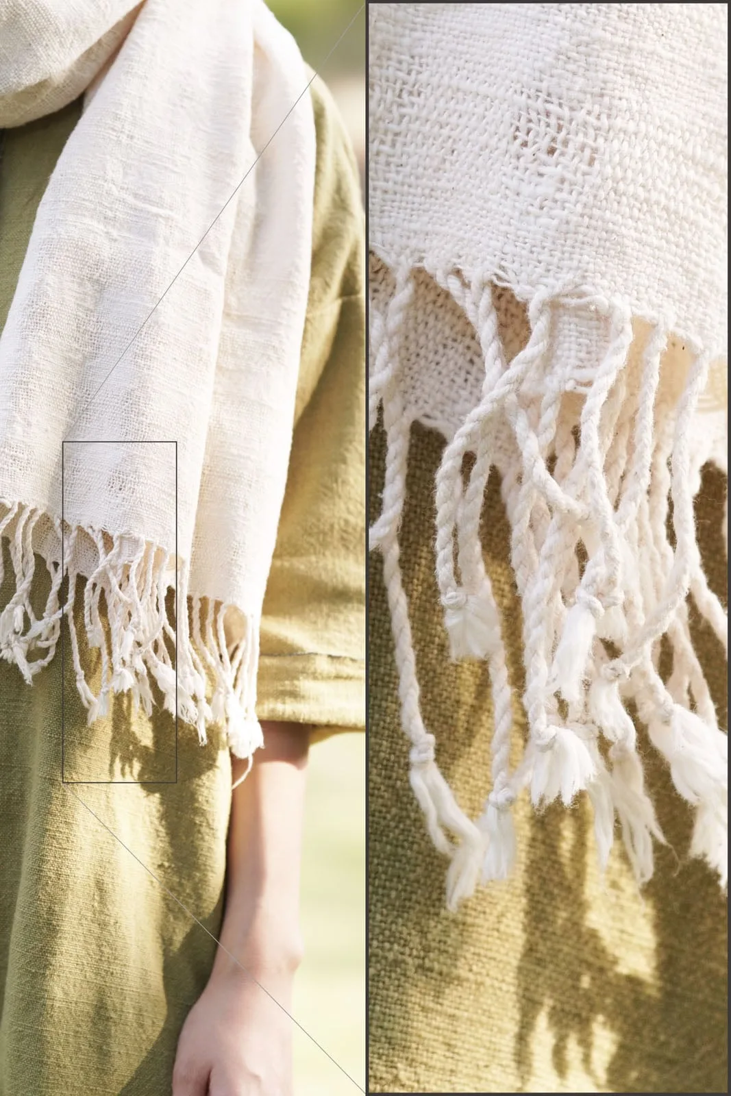 BBL’den Daha Yumuşak ve Güzel Bokeh Modifikasyonu 6 Yeşilimsi kahverengi bir giysi üzerinde püsküllü, açık renkli dokulu bir atkı takan bir kişi; görüntü atkının dokuma detaylarını ve püsküllerini yakın planda gösteriyor.