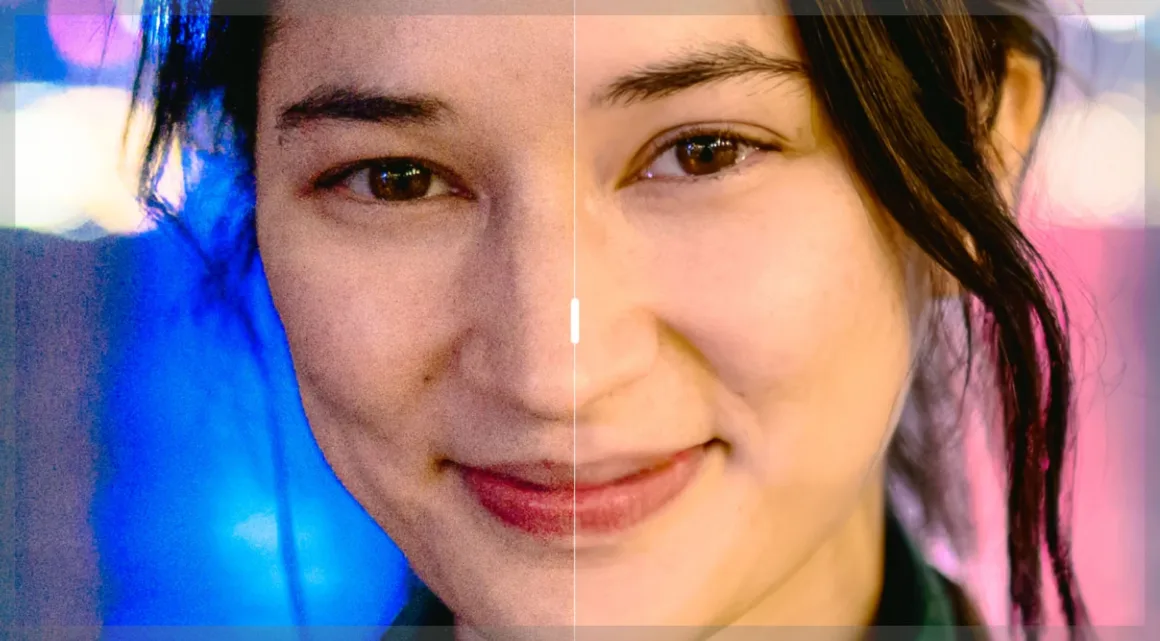 DxO PureRAW 6 Tanıtıldı: Yeni DeepPRIME XD3 ve Akıllı DNG Sıkıştırma 4 **Bir kadının yüzünün yakın plan görüntüsü ortadan ikiye bölünmüş; karşılaştırmada sol taraf daha grenli ve daha az net görünürken sağ taraf keskin ve canlı, görüntü iyileştirmenin öncesi ve sonrası etkisini gösteriyor.**