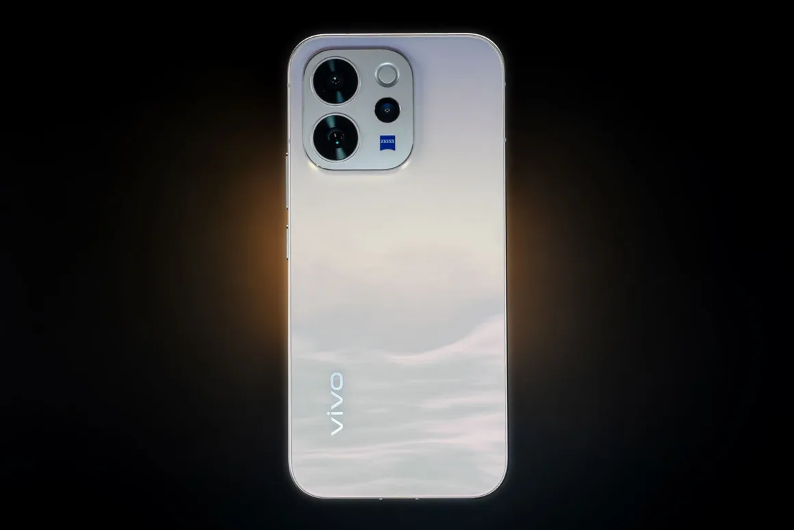 Vivo V70 İncelemesi: Daha İyi Yazılım, Daha İyi Tasarım ve Küçük Adımlar 2 Üç arka kameralı, açık renkli ve yansıtıcı arka yüzeye sahip, alt kısmında Vivo logosu bulunan şık bir akıllı telefon, koyu bir arka plan üzerinde gösteriliyor.