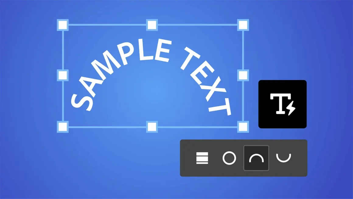 Mavi arka plan üzerinde, “SAMPLE TEXT” yazısı bir seçim kutusu içinde yukarı doğru eğimli şekilde yer alıyor. Alt kısımda metin hizalama, eğri simgesi ve diğer yazı biçimlendirme araçlarını gösteren düzenleme seçenekleri bulunuyor.