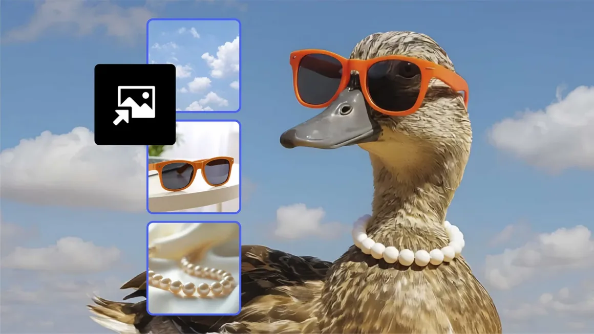 Mavi gökyüzü önünde turuncu güneş gözlüğü ve inci kolye takan bir ördek. Üstte bulut, gözlük ve kolyenin yakın plan detaylarını gösteren katmanlı görseller yer alıyor.