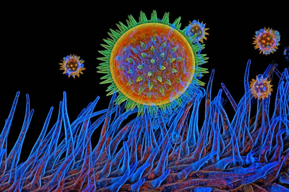 Hücre yüzeyine tutunan renkli virüs benzeri yapı, mikroskobik görüntü
