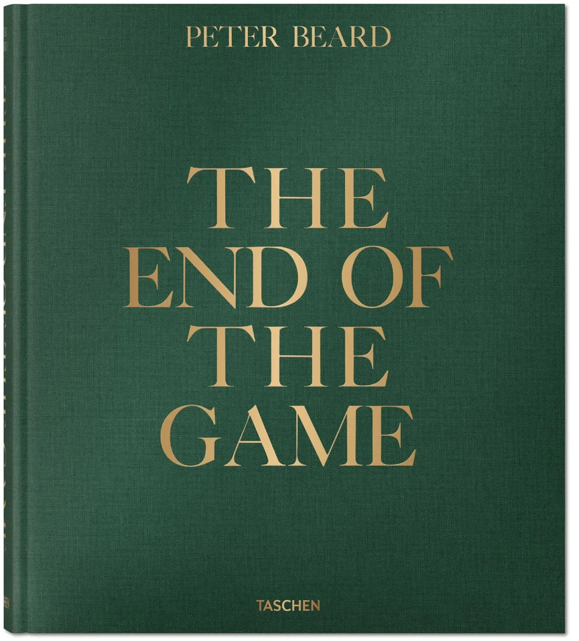 Yeşil zemin üzerine altın yazılarla tasarlanmış bir kitap kapağı: üstte “PETER BEARD”, ortada büyük harflerle “THE END OF THE GAME”, altta ise “TASCHEN” yazıyor.