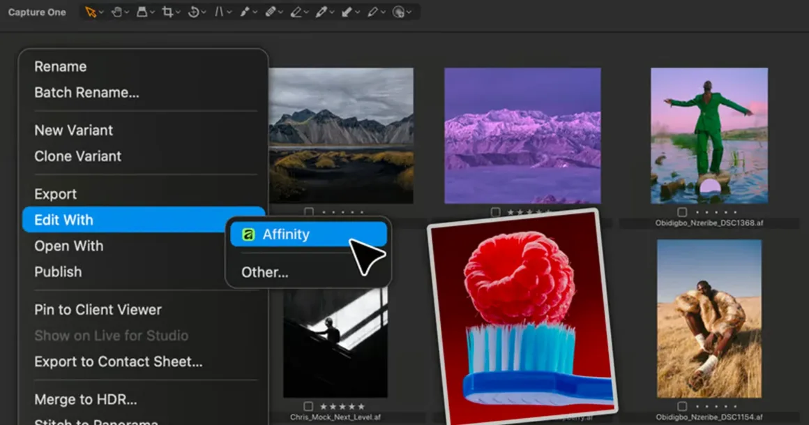 Capture One ve DaVinci Resolve, Affinity Dosyalarını Artık Yerel Olarak Destekliyor
Bir bilgisayar ekranında fotoğraf düzenleme yazılımı görülüyor. Sağ tıklama menüsü açık ve “Edit With” seçeneği üzerinden “Affinity” seçili. Arka planda birden fazla fotoğraf küçük görsel olarak yer alıyor.