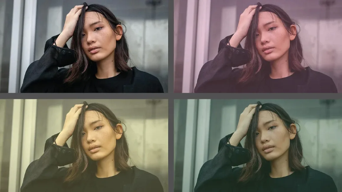 Orta uzunlukta koyu saçlı bir kişi, bir elini başına koyarak poz veriyor ve siyah bir üst ile ceket giyiyor. Görüntü, 2x2 düzeninde yerleştirilmiş dört farklı renk filtresi versiyonu ile gösteriliyor.