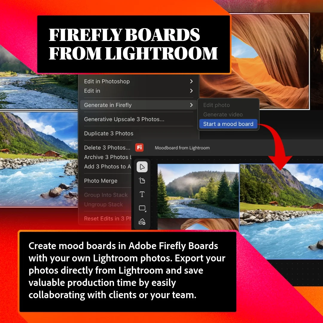 Adobe Lightroom menüsünü gösteren bir ekran görüntüsü; "Start a mood board" seçeneği vurgulanmış. Metin, fotoğrafların Firefly Boards’a aktarılmasıyla mood board oluşturmayı ve ekiplerle veya müşterilerle iş birliği yapmayı anlatıyor. Arka planda doğa fotoğrafları görülüyor.
