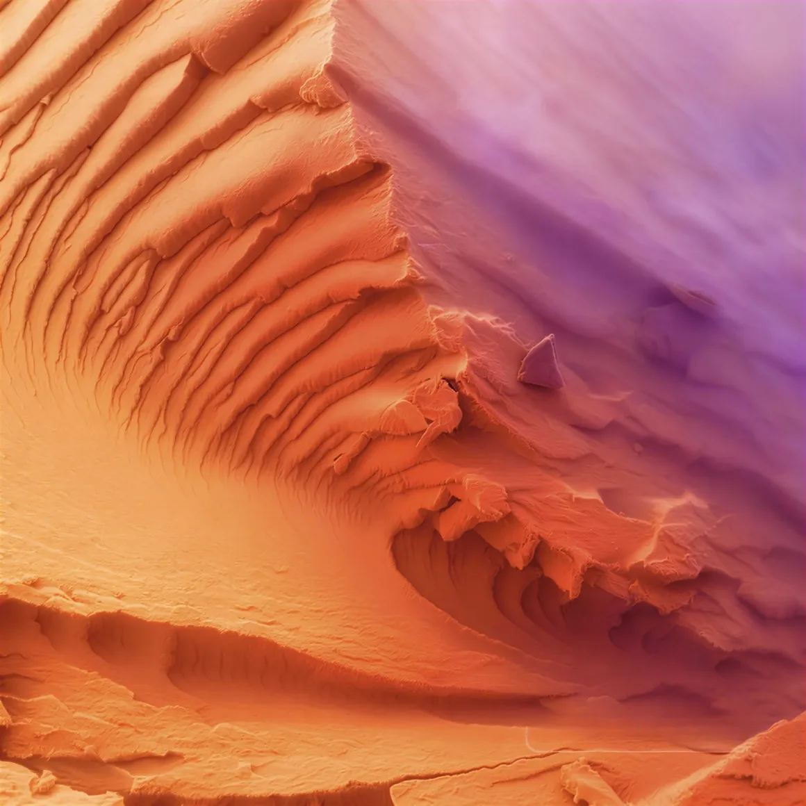 Dalgalı formda turuncu ve mor lignin lif yapısı, çöl kumulu görünümü