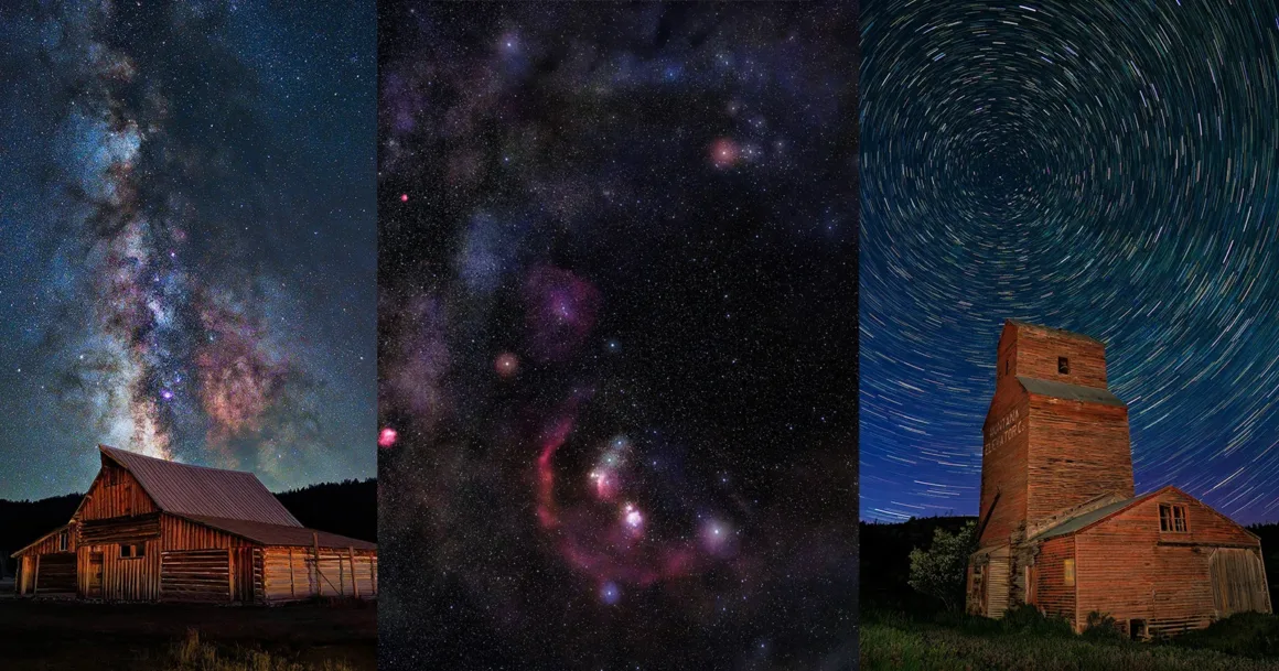 Astrofotoğrafçılık Rehberlerinde Anlatılmayan 8 Önemli Detay
Üç görüntü: solda Samanyolu’nun altında bir ahır; ortada gece gökyüzünde yıldızlar ve nebulaların yakın planı; sağda üzerinde dairesel yıldız izleri bulunan gökyüzüyle eski bir ahşap yapı.
