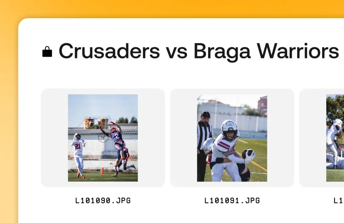 “Crusaders vs Braga Warriors” başlıklı bir karşılaşma ekranında, altında iki küçük görsel yer alıyor: biri top için sıçrayan iki Amerikan futbolu oyuncusu, diğeri ise top tutan genç bir oyuncu.