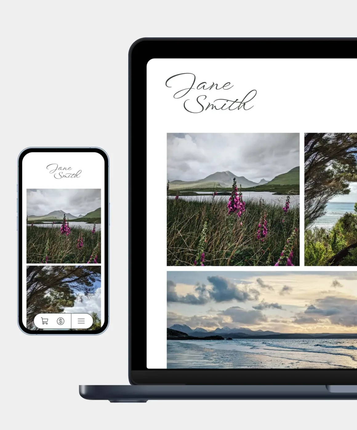 Temiz beyaz bir arka plan üzerinde, “Jane Smith” başlıklı bir web sitesini gösteren bir akıllı telefon ve dizüstü bilgisayar ekranında dağlar, çiçekler, ağaçlar ve bir plaj gibi doğa manzarası fotoğrafları yer alıyor.