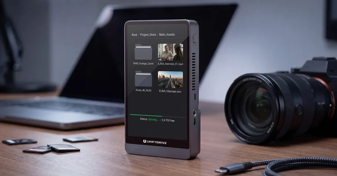 PixelMob, İçerik Üreticilerinin Yedekleme Sorunlarını Bitirmeyi Hedefliyor
Ekranında dosya klasörleri ve fotoğraf küçük önizlemeleri gösteren taşınabilir harici bir disk; bir dizüstü bilgisayar, kamera, SD kartlar ve USB kablosunun yanında bir masa üzerinde duruyor.