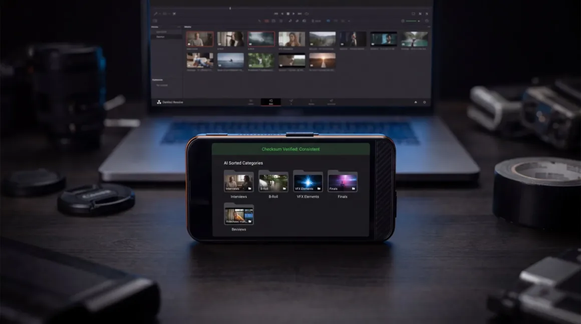Medya kategorilendirme ekranı açık bir akıllı telefon, arka planda video düzenleme yazılımı görünen bulanık bir dizüstü bilgisayarın önünde karanlık bir masa üzerinde duruyor; çevresinde kamera ekipmanları ve bantlar yer alıyor.