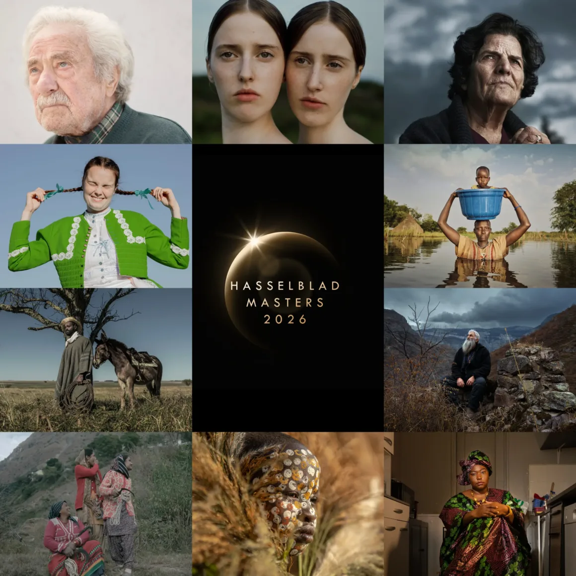 Yaşlı bir adam, birbirine yakın duran iki kadın, yaşlı bir kadın, yeşil kıyafetli gülümseyen bir kadın, güneş tutulması, sepette çocuk, eşeklerle birlikte bir kişi ve renkli kıyafetli kadınlardan oluşan portre kolajı.